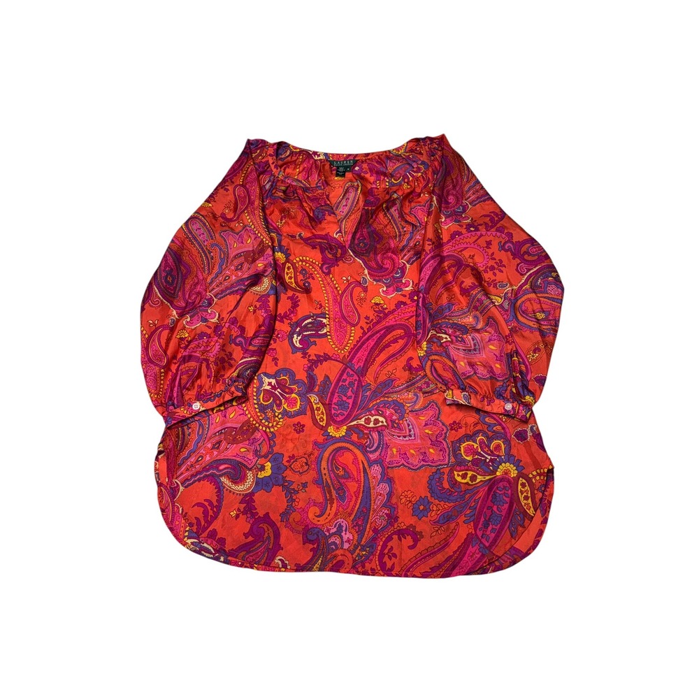 Lauren Ralph Lauren Red Paisley 100% Silk Blouse Split Neck 3/4 Sleeve Womens M